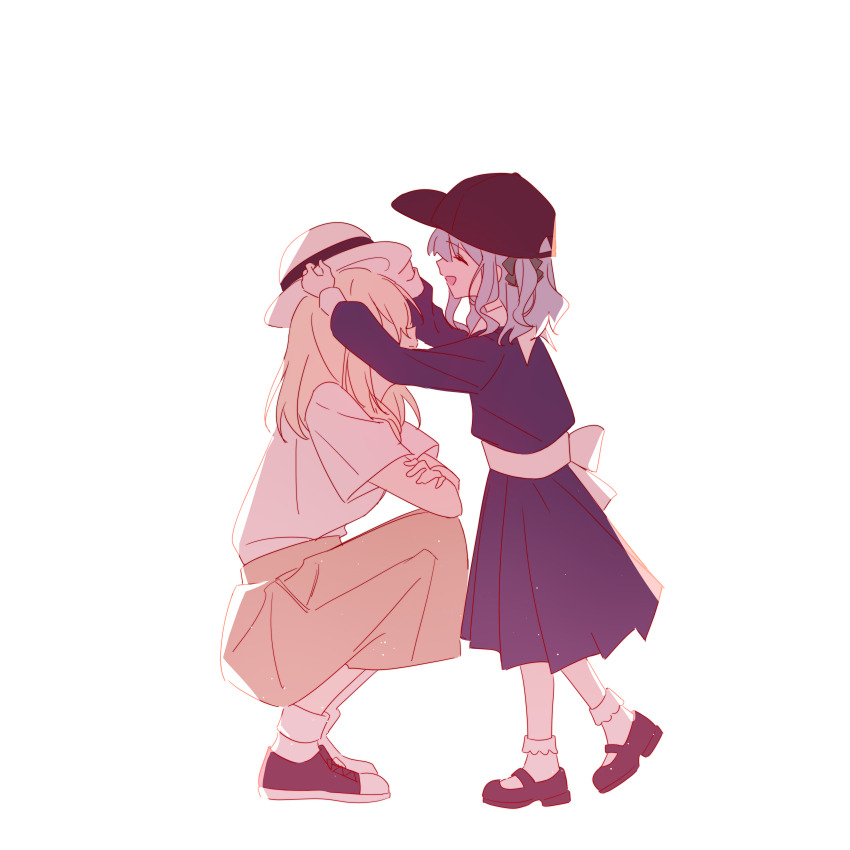 2girls :d ^_^ absurdres accessories_switch aged_down ankle_socks back_bow bang_dream! bang_dream!_it&#039;s_mygo!!!!! baseball_cap black_hat black_shoes blonde_hair blue_hair blue_ribbon bobby_socks borrowed_accessory bow child closed_eyes crossed_arms curly_hair dress full_body hair_ribbon hat heel_up height_difference highres holding holding_unworn_clothes holding_unworn_hat light_particles long_skirt long_sleeves mary_janes medium_hair meeeeei misumi_uika multiple_girls open_mouth pleated_dress purple_dress putting_on_headwear ribbon shirt shirt_tucked_in shoes short_sleeves simple_background skirt smile sneakers socks squatting standing t-shirt time_paradox togawa_sakiko two-handed unworn_hat unworn_headwear white_background white_bow white_hat white_shirt white_socks yellow_skirt