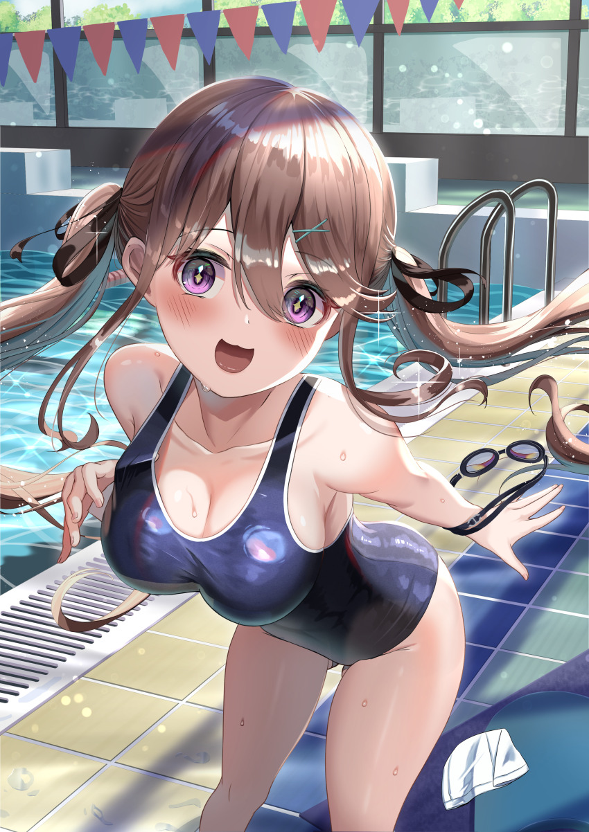 1girl absurdres breasts brown_hair cleavage commentary_request feet_out_of_frame gluteal_fold goggles hair_ribbon head_tilt highres indoors leaning_forward long_hair medium_breasts original pool pool_ladder purple_eyes ribbon school_swimsuit smile starting_block string_of_flags swim_cap swimsuit twintails unworn_goggles unworn_swim_cap wanderlucia