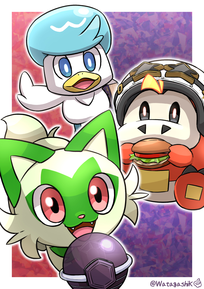 :3 :d absurdres bird black_eyes blue_eyes blue_hair border cat clothed_pokemon commentary_request cosplay fangs food fuecoco goggles goggles_on_headwear happy helmet highres holding holding_food holding_sandwich looking_at_viewer nintendo no_humans open_mouth outside_border partial_commentary pokemon pokemon_(creature) pokemon_focus pokemon_sv purple_background quaxly red_background red_eyes sandwich short_hair signature smile sprigatito star-shaped_eyewear star_(symbol) starter_pokemon_trio team_star_grunt team_star_grunt_(cosplay) tera_orb twitter_username two-tone_background watagashikn white_border white_helmet