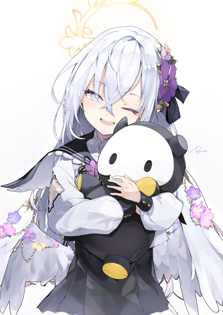 1girl absurdres angel_wings azusa_(blue_archive) black_ribbon black_skirt blue_archive flower hair_between_eyes hair_flower hair_ornament hair_ribbon halo highres hugging_object long_hair long_sleeves looking_at_viewer one_eye_closed puffy_long_sleeves puffy_sleeves purple_eyes purple_flower ribbon ryo_(ryo_skrdi) school_uniform simple_background skirt smile solo stuffed_toy white_background white_hair white_wings wings yellow_halo