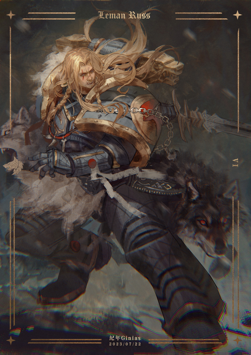 1boy absurdres animal armor armored_boots artist_name beard_stubble blonde_hair blue_eyes blurry boots breastplate chain character_name chromatic_aberration closed_mouth commentary couter crotch_plate cuirass dated depth_of_field empty_eyes english_commentary facial_hair fangs from_side gauntlets ginias glitter gold_border greaves grey_armor highres holding holding_sword holding_weapon jewelry leg_armor leman_russ male_focus medium_hair mjalnar necklace no_pupils open_mouth ornate_weapon pauldrons pelt pelvic_curtain poleyn power_armor primarch purity_seal red_eyes rerebrace roman_numeral scar scar_on_face sharp_teeth shoulder_armor snow solo space_wolves standing star_(symbol) stubble sword teeth tooth_necklace walking warhammer_40k weapon white_eyes white_fur wolf