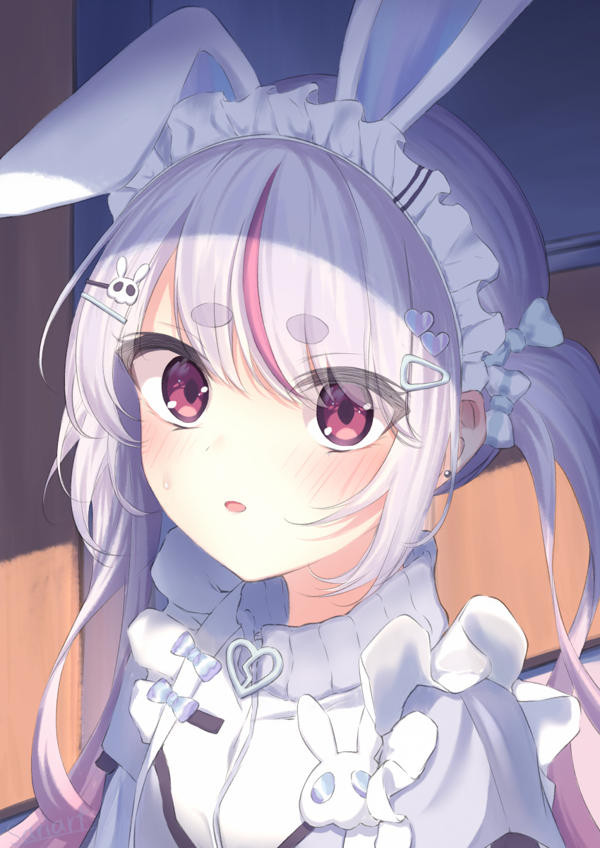 1girl absurdres animal_ears blush bow fake_animal_ears hair_bow hair_ornament hairclip heart highres looking_at_viewer maid_headdress multicolored_hair open_mouth purple_eyes purple_hair rabbit_ears saria_art solo streaked_hair sweatdrop thick_eyebrows tosaki_mimi tosaki_mimi_(4th_costume) virtual_youtuber vspo!