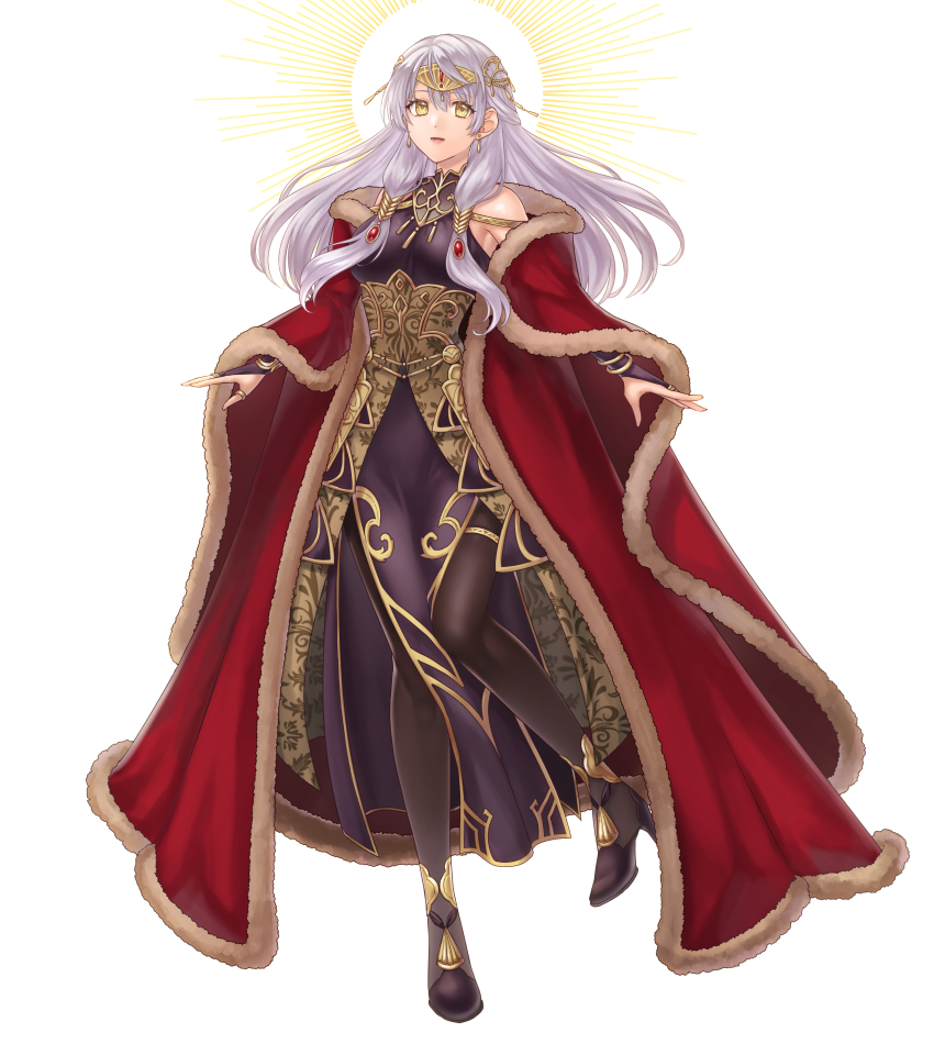 1girl absurdres bare_shoulders black_dress black_gloves black_pantyhose bracelet bridal_gauntlets cape circlet coat commission dress elbow_gloves fire_emblem fire_emblem:_radiant_dawn fire_emblem_cipher fire_emblem_heroes fur-trimmed_coat fur_trim gloves grey_hair half_updo hazuki_(nyorosuke) highres jewelry long_dress long_hair micaiah_(fire_emblem) micaiah_(radiant_queen)_(fire_emblem) nintendo official_alternate_costume pantyhose pelvic_curtain red_cape red_coat side_slit simple_background skeb_commission sleeveless sleeveless_dress smile solo turtleneck turtleneck_dress white_background yellow_eyes