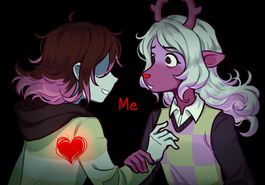 1girl 1other animal_ears antlers blonde_hair brown_hair colored_skin deer_antlers deer_ears deer_girl deltarune drawthiere furry furry_female heart highres horns kris_(deltarune) long_hair long_sleeves noelle_holiday noelle_holiday_(dark_world) possessed reindeer_girl shirt soul_(deltarune) teeth vessel_(deltarune) weird_route_(deltarune)