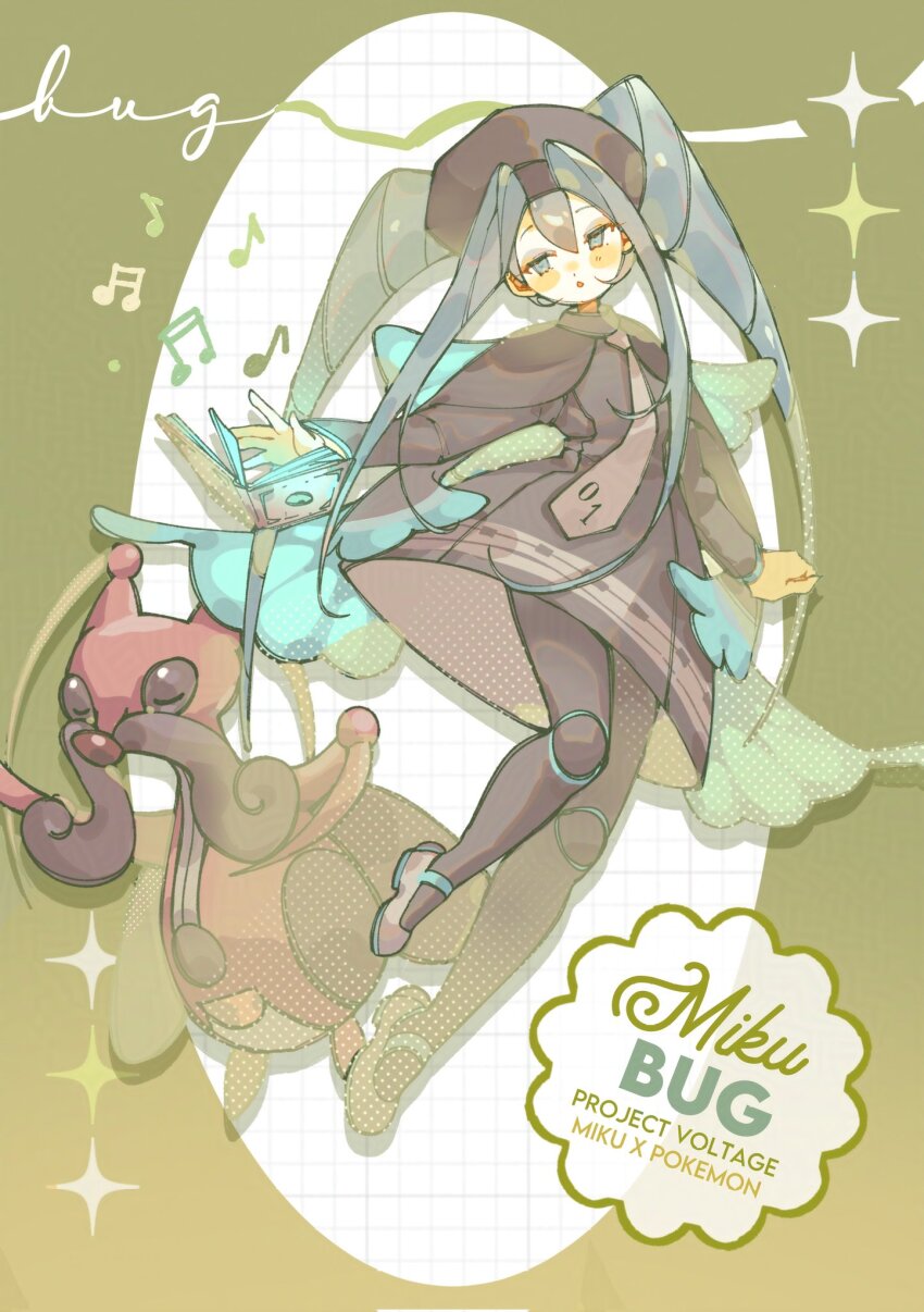 1girl :o blue_eyes blue_hair brown_dress brown_footwear brown_necktie brown_pantyhose bug bug_miku_(project_voltage) character_name closed_eyes doll_joints dress facial_hair full_body gen_4_pokemon hair_between_eyes hair_through_headwear hatsune_miku highres joints kricketune long_hair long_sleeves looking_to_the_side mustache myun_(myun_art) necktie nintendo pantyhose pokemon pokemon_(creature) project_voltage simple_background standing twintails vocaloid