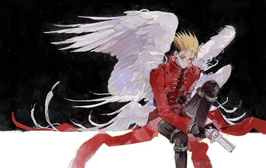 1boy absurdres agl_arms_.45_long_colt angel_wings black_background black_gloves blonde_hair break-action_revolver coat feathered_wings gloves gun handgun highres holding holding_gun holding_weapon long_coat long_sleeves looking_at_viewer low_bore_axis_revolver male_focus mong_120 orange-tinted_eyewear prosthesis prosthetic_arm red_coat revolver round_eyewear short_hair sitting solo sunglasses tinted_eyewear trigun two-tone_background undercut vash_the_stampede weapon white_background wings