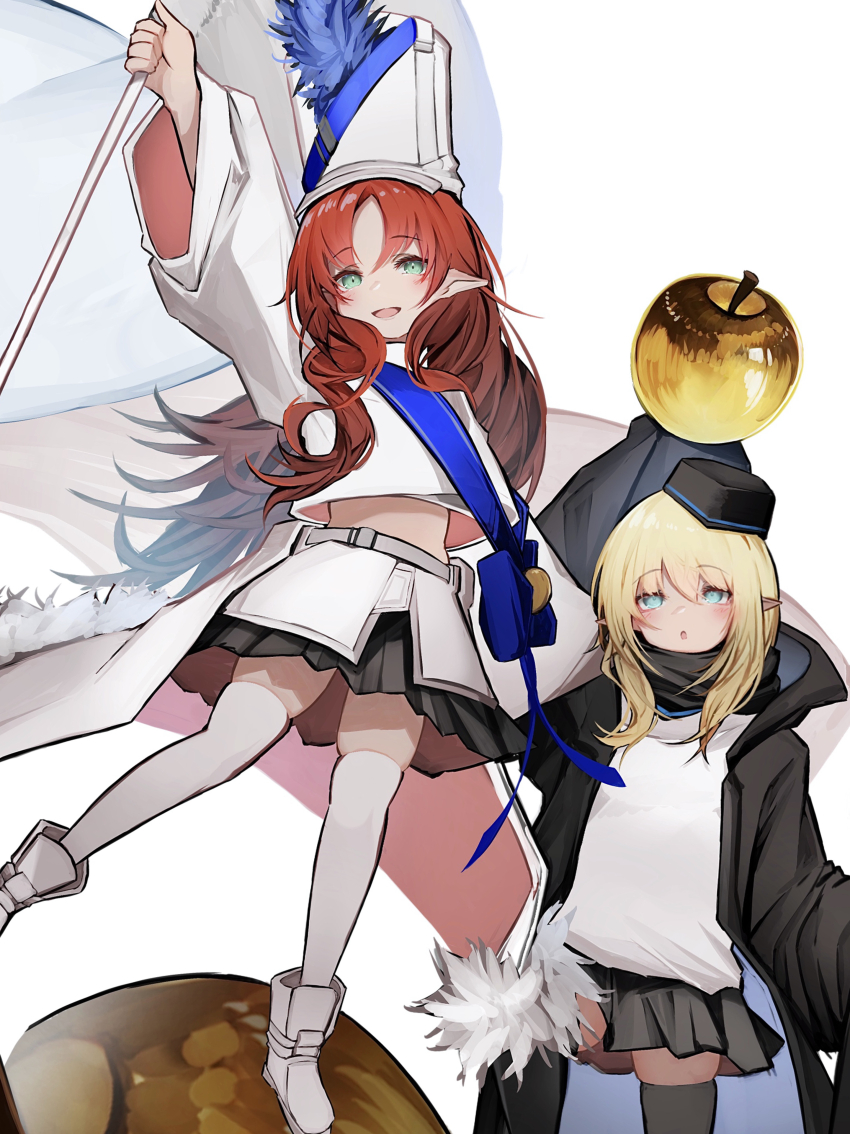 2girls :d :o absurdres apple arknights arm_up black_headwear black_jacket black_skirt black_thighhighs blonde_hair blue_eyes blush boots commentary durin_(arknights) fine_art_parody flag food fruit green_eyes hat highres holding holding_flag holding_food holding_fruit hood hood_down hooded_jacket jacket liberty_leading_the_people long_hair long_sleeves medium_hair miniskirt multiple_girls myrtle_(arknights) myrtle_(light_gold_celebration)_(arknights) open_mouth parody pointy_ears red_hair shirt simple_background skirt smile tab_head thighhighs white_background white_footwear white_headwear white_shirt white_skirt white_thighhighs wide_sleeves