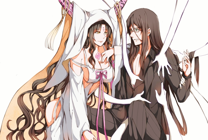 1boy 1girl black_hair black_horns black_jacket black_pants black_shirt breasts chest_tattoo cleavage clenched_teeth closed_mouth cutout_above_navel disembodied_hand facial_mark fate/grand_order fate_(series) feet_out_of_frame forehead_mark glasses green_eyes hair_between_eyes highres horn_ornament horn_ring horns jacket large_breasts leaning_forward long_hair long_sleeves looking_at_another lord_el-melloi_ii multicolored_horns nineayan open_clothes open_jacket pants parted_bangs pink_horns pink_ribbon ribbon sessyoin_kiara sessyoin_kiara_(heaven&#039;s_hole) sessyoin_kiara_(third_ascension) shirt sideboob sidelocks simple_background tassel tattoo teeth veil very_long_hair waver_velvet wavy_hair white_background white_veil wide_sleeves yellow_eyes