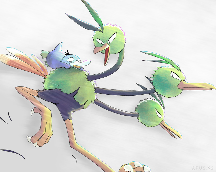 alternate_color apus_92 bird black_eyes commentary_request dodrio gen_1_pokemon grey_background hanging_on highres looking_down multiple_heads nintendo no_humans open_mouth pokemon pokemon_(creature) psyduck shiny_pokemon talons