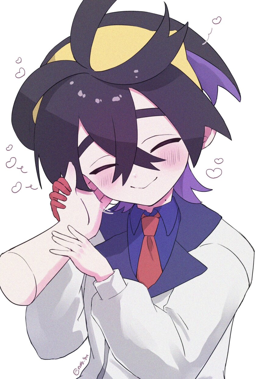 1boy blue_shirt blush closed_eyes collared_shirt colored_inner_hair commentary_request crossed_bangs disembodied_hand gloves hair_between_eyes hairband hand_on_another&#039;s_head hands_up happy heart highres jacket kieran_(pokemon) long_sleeves male_focus multicolored_hair na8_8n necktie nintendo pokemon pokemon_sv red_necktie shirt single_glove white_jacket yellow_hairband