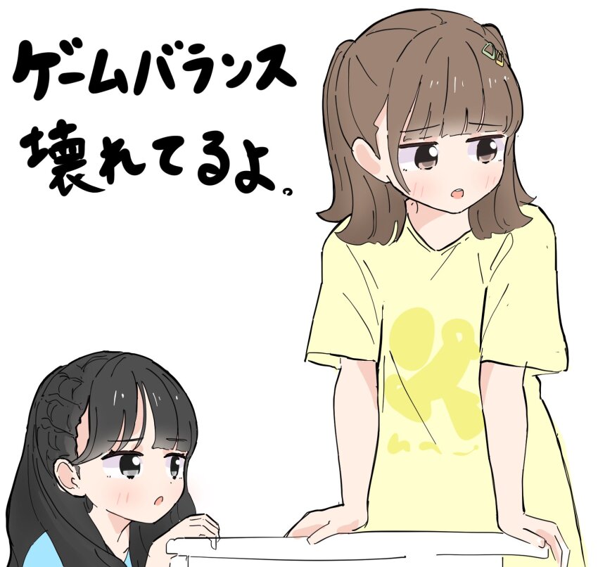 2girls :o animification averting_eyes blue_shirt blush brown_eyes brown_hair commentary_request dollchestra hayama_fuka highres jitome link!_like!_love_live! looking_at_another love_live! medium_hair multiple_girls nonaka_kokona open_mouth raised_inner_eyebrows real_life seeno_de!_hasu_no_sora! shirt t-shirt tazaki_masanobu teeth translation_request upper_teeth_only voice_actor yellow_shirt