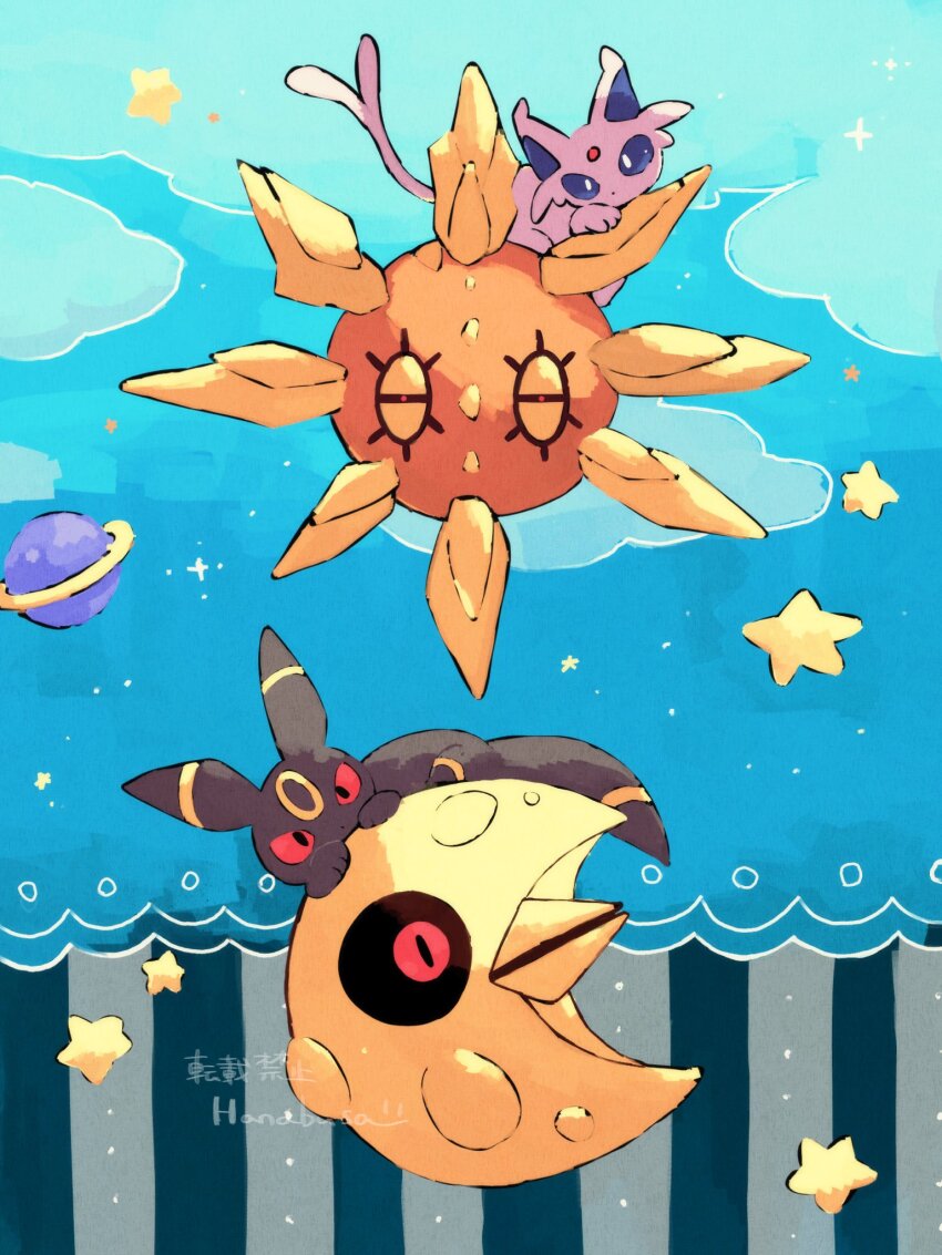 black_eyes black_fur body_fur chibi colored_sclera espeon forehead_jewel gen_2_pokemon gen_3_pokemon hanabusaoekaki highres lunatone nintendo no_humans pokemon pokemon_(creature) purple_fur red_sclera rock solrock trait_connection umbreon