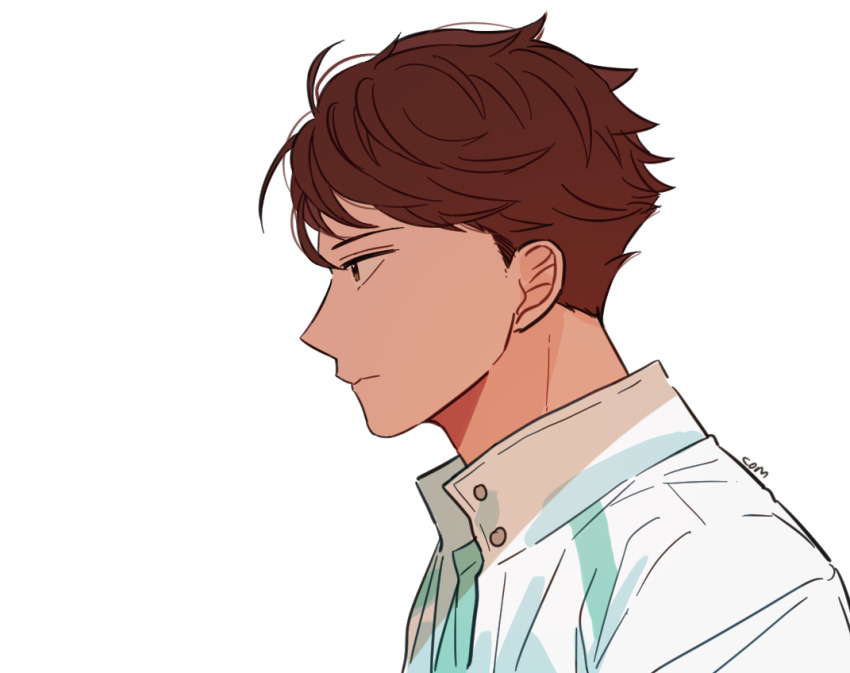 1boy aqua_shirt artist_name brown_eyes brown_hair closed_mouth collared_jacket com_(com0107) commentary frown haikyuu!! jacket looking_ahead male_focus oikawa_tooru_(haikyuu!!) open_clothes open_jacket profile shirt simple_background solo t-shirt undershirt upper_body white_background white_jacket