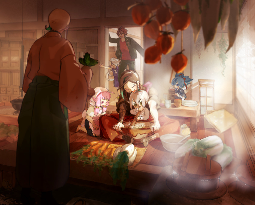 6+boys ^_^ black_legwear blue_hair bow bowl_stack brown_hair carrot character_request check_character closed_eyes cooking day facing_away food fruit grey_hair hair_ribbon hakama hanging_food headdress herb_bundle holding holding_food hotarumaru indoors jacket japanese_clothes kneeling long_hair multicolored_hair multiple_boys napa_cabbage no_shoes on_floor otegine persimmon pink_hair ponytail pot radish ribbon sayo_samonji shelf shirt shizukagata_naginata sidelocks sitting slice_of_life sliding_doors smile standing steam stove streaked_hair tabi table tomoegata_naginata touken_ranbu tress_ribbon waving white_shirt wide_sleeves wooden_floor wooden_table yb_(yb_by)