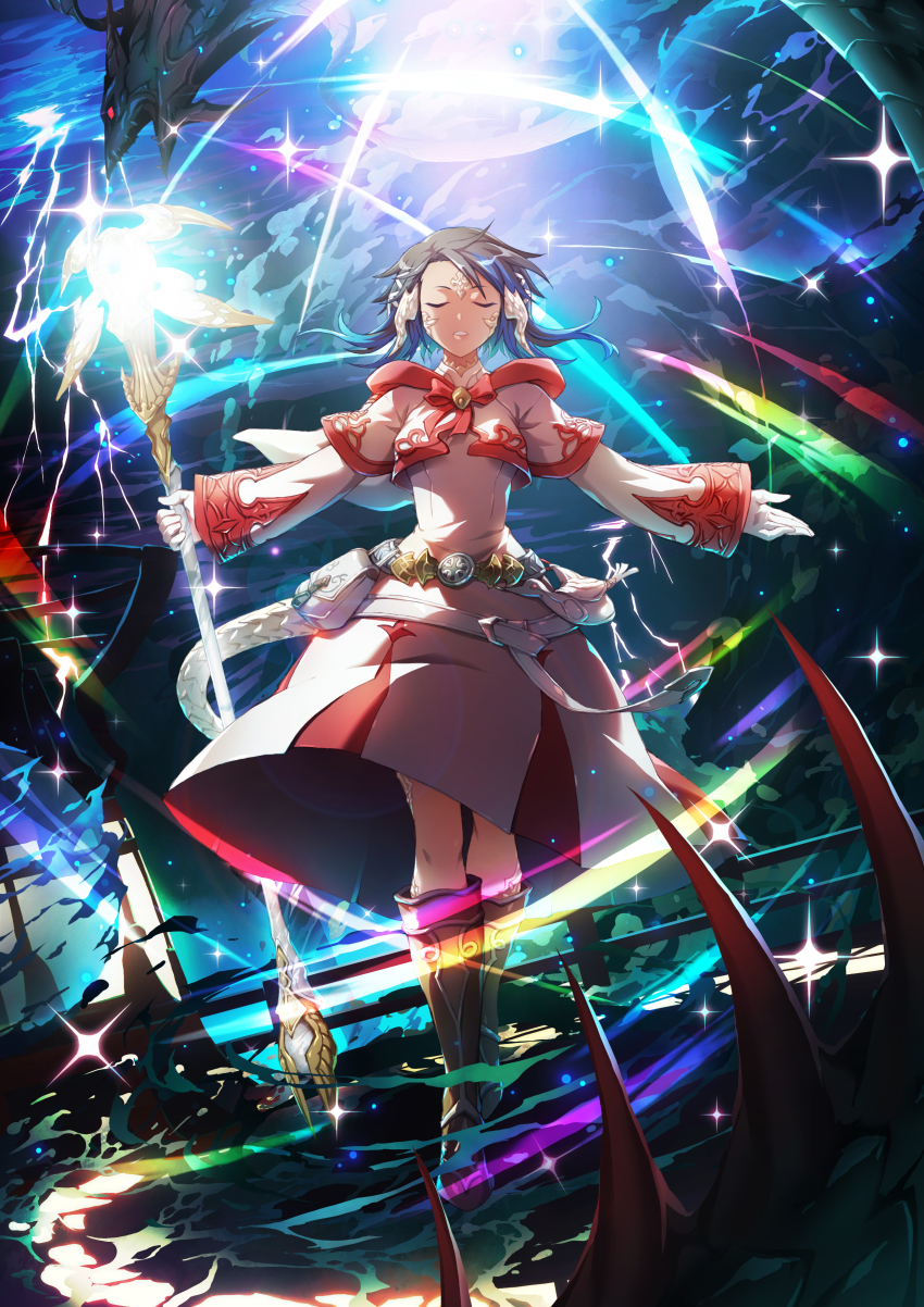 10s 1girl absurdres artist_name au_ra black_hair blue_hair boots casting_spell closed_eyes dark-skinned_female dark.h dark_skin dark_sky dragon_girl dragon_horns dragon_tail female_focus final_fantasy final_fantasy_xiv hair_ornament hair_ribbon highres horns kaguya_(flandre5carlet) leviathan_(final_fantasy) lightning magic md5_mismatch multicolored_hair resized resolution_mismatch ribbon robe scales short_hair solo source_smaller staff standing tail tan two-tone_hair upscaled warrior_of_light_(ff14) water white_mage_(final_fantasy)