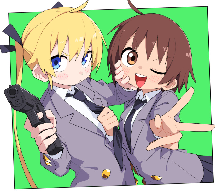 2girls blonde_hair blue_eyes blush brown_eyes brown_hair clothes_grab glock green_background gun hair_ribbon handgun highres holding holding_gun holding_weapon kill_me_baby long_hair long_sleeves multiple_girls necktie necktie_grab neckwear_grab open_mouth oribe_yasuna ribbon school_uniform shirt short_hair skirt sonya_(kill_me_baby) twintails v weapon yachima_tana