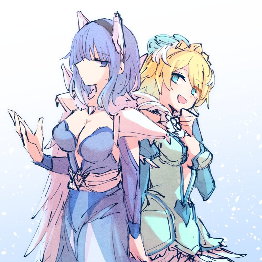 2girls :d alonemistrist armor blonde_hair blue_dress blue_eyes blue_hair breasts cleavage closed_mouth commentary dress fire_emblem fire_emblem_heroes fjorm_(fire_emblem) fjorm_(ice_tribe)_(fire_emblem) highres long_sleeves looking_at_another multiple_girls nifl_(fire_emblem) nifl_(ice_tribe)_(fire_emblem) nintendo official_alternate_costume open_mouth short_hair shoulder_armor smile symbol-only_commentary