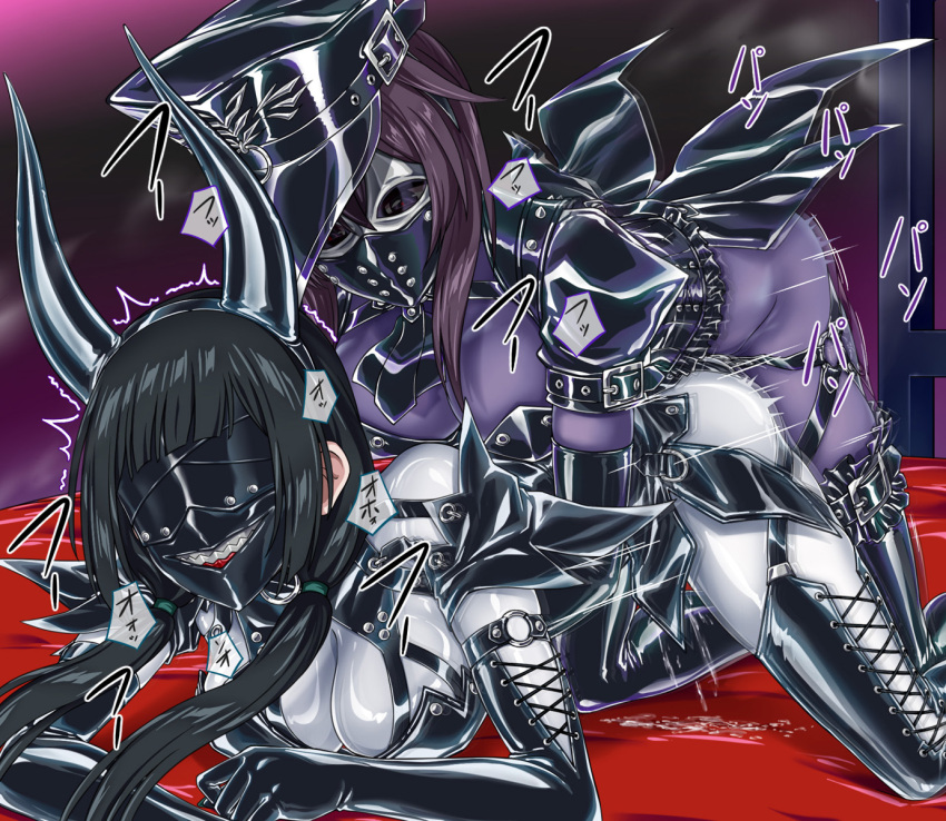 2girls black_gloves black_hair black_shrug black_thighhighs bodysuit brown_hair commission elbow_gloves fake_horns gloves hat highres horns implied_futanari implied_strap-on impossible_bodysuit impossible_clothes latex latex_bodysuit mask motion_blur motion_lines multiple_girls original peaked_cap purple_bodysuit pussy_juice ribimura sex shiny_clothes shrug_(clothing) skin_tight thighhighs white_bodysuit yuri