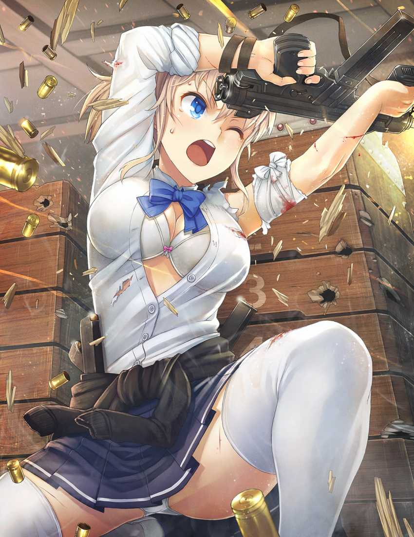 1girl bandaged_arm bandages beretta_m12 blonde_girl_(itou) blonde_hair blood blue_bow blue_bowtie blue_eyes bow bowtie bra breasts bullet_hole casing_ejection clothes_around_waist debris female_focus finger_on_trigger firing gun gun_sling highres holding holding_weapon injury itou_(onsoku_tassha) jewelry large_breasts long_sleeves magazine_(weapon) one_eye_closed open_clothes open_mouth open_shirt original panties pantyshot pleated_skirt redrawn revision shell_casing shirt shoes short_hair skirt solo sparks squatting submachine_gun sweater sweater_around_waist thighhighs torn_clothes torn_sleeves underwear upper v-shaped_eyebrows weapon white_bra white_panties white_shirt white_thighhighs zettai_ryouiki