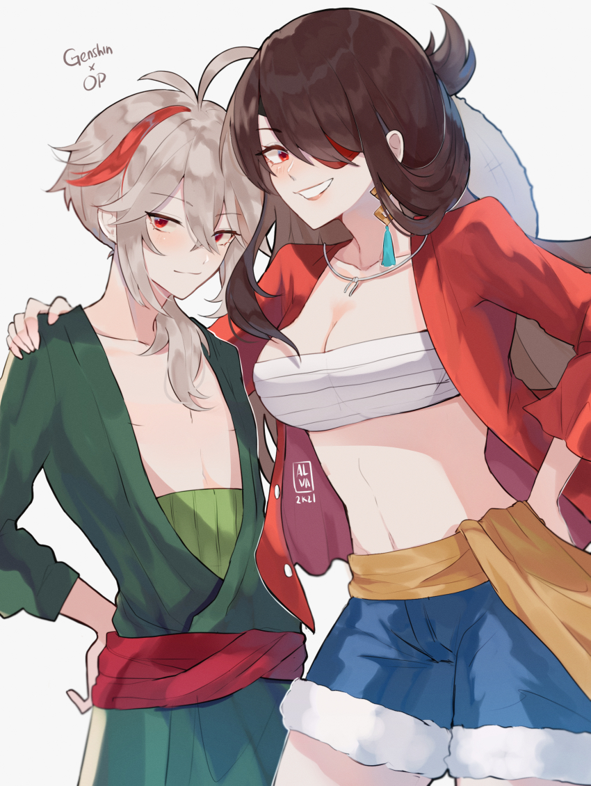 1boy 1girl absurdres alvarichie bandaid bandaid_on_breast beidou_(genshin_impact) blue_pants blue_shorts breasts brown_hair cosplay crop_top eyepatch genshin_impact grey_hair highres japanese_clothes kaedehara_kazuha large_breasts long_hair midriff monkey_d._luffy monkey_d._luffy_(cosplay) multicolored_hair one_piece open_clothes pants red_eyes red_hair roronoa_zoro roronoa_zoro_(cosplay) shorts smile streaked_hair