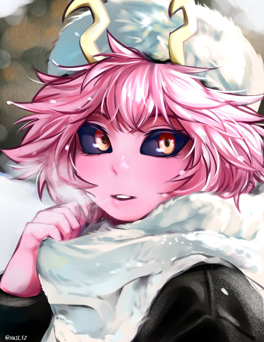 1girl absurdres adjusting_scarf ashido_mina black_coat black_sclera blurry blurry_background blush bokeh boku_no_hero_academia breath close-up coat cold colored_sclera colored_skin commentary depth_of_field english_commentary eyelashes fur_hat fur_scarf hair_between_eyes hat hhholic highres horns light_blush looking_at_viewer messy_hair outdoors parted_lips pink_hair pink_skin portrait red_eyes scarf short_hair snow solo teeth upper_teeth_only winter