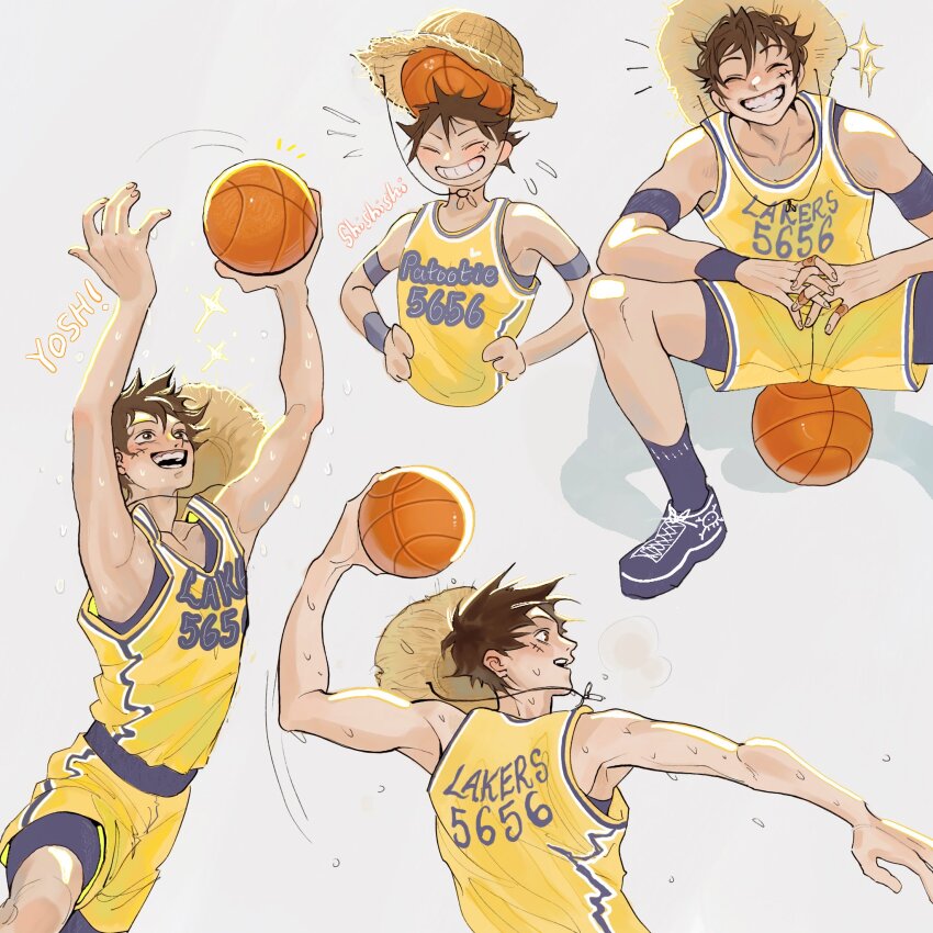 1boy ball basketball_(object) basketball_uniform black_hair blue_socks commentary d_vllo hat highres los_angeles_lakers male_focus monkey_d._luffy multiple_views notice_lines one_piece open_mouth scar scar_on_face shoes sitting smile sneakers socks solo sparkle sportswear straw_hat sweat