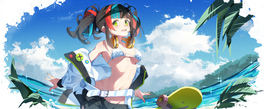 1girl absurdres badge belt bikini black_hair black_shorts blue_hair blue_sky blush boqee breasts fate/grand_order fate_(series) green_hat hat headphones headphones_around_neck highres jacket large_breasts long_hair looking_at_viewer multicolored_hair navel ocean off_shoulder open_clothes open_jacket outdoors palm_tree red_hair sei_shounagon_(fate) sei_shounagon_(swimsuit_berserker)_(first_ascension)_(fate) short_shorts shorts skateboard sky smile solo swimsuit tree twintails visor_cap white_belt white_bikini white_jacket yellow_eyes