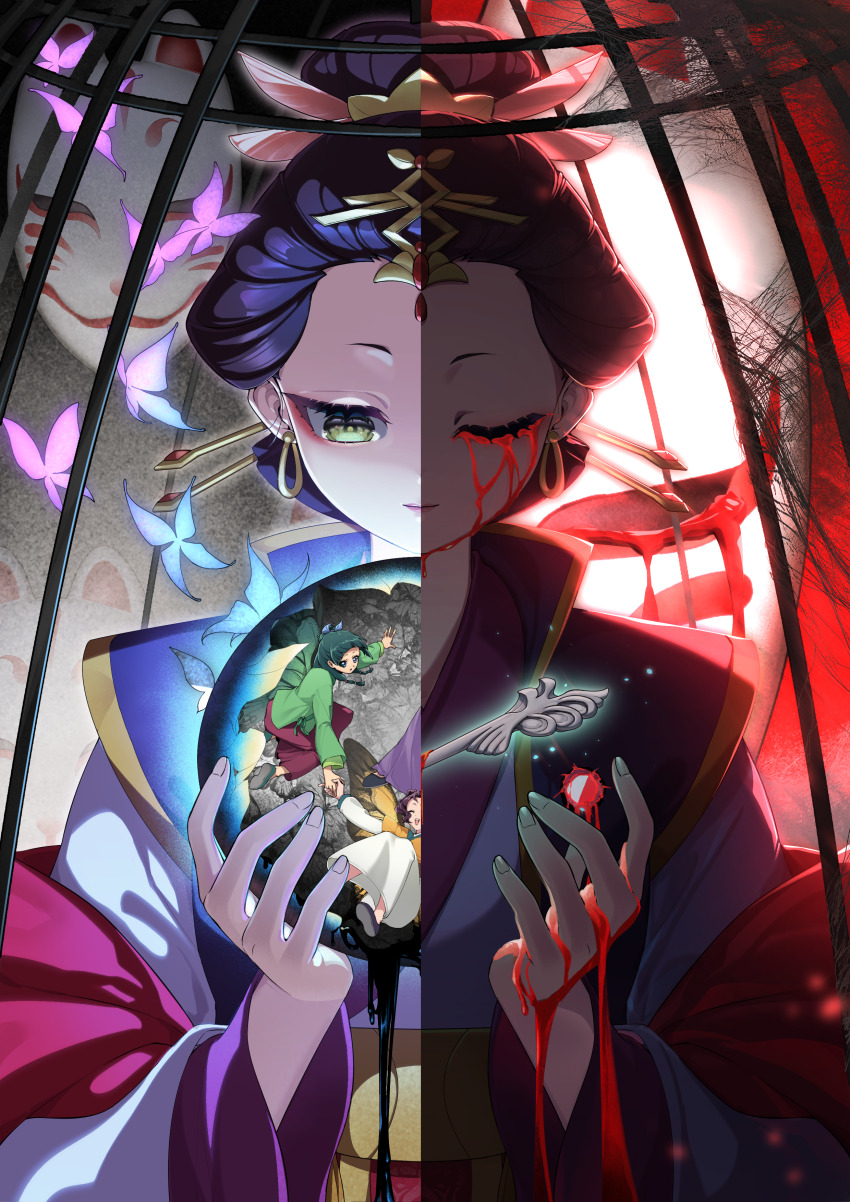 1girl 3girls absurdres black_hair blood blood_on_face blood_on_hands blood_on_mask bloody_tears bug bullet_hole butterfly butterfly_wings chinese_clothes closed_eyes closed_mouth commentary_request crystal_ball dual_persona earrings eyeliner facing_viewer fingernails floating floating_object fox_mask green_eyes green_hanfu hair_ornament hairpin hands_up hanfu highres holding injury insect insect_wings jewelry kusuriya_no_hitorigoto larose long_sleeves looking_at_object looking_down loulan_(kusuriya_no_hitorigoto) makeup maomao_(kusuriya_no_hitorigoto) mask multiple_girls orange_hanfu red_eyeliner shisui_(kusuriya_no_hitorigoto) solo split_theme spoilers upper_body wide_sleeves wings