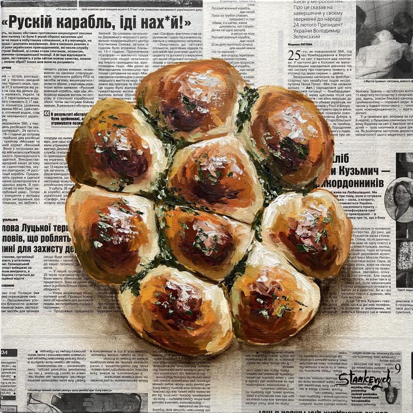 absurdres chopped_herbs food food_focus garlic_bread highres julia_stankevych newspaper no_humans oil_painting_(medium) original painting_(medium) pampushky realistic signature still_life traditional_media wall_of_text