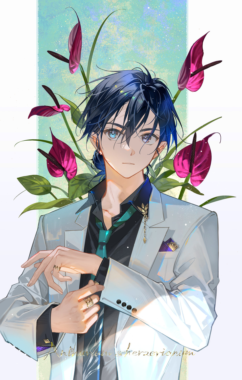 1boy adjusting_sleeves ajiro_shinpei anthurium aqua_eyes aqua_necktie black_shirt blue_hair closed_mouth commentary flower grey_eyes heterochromia highres jacket jewelry lapels leaf looking_at_viewer male_focus necktie notched_lapels ring shirt solo suit_jacket summertime_render tidsean upper_body white_jacket