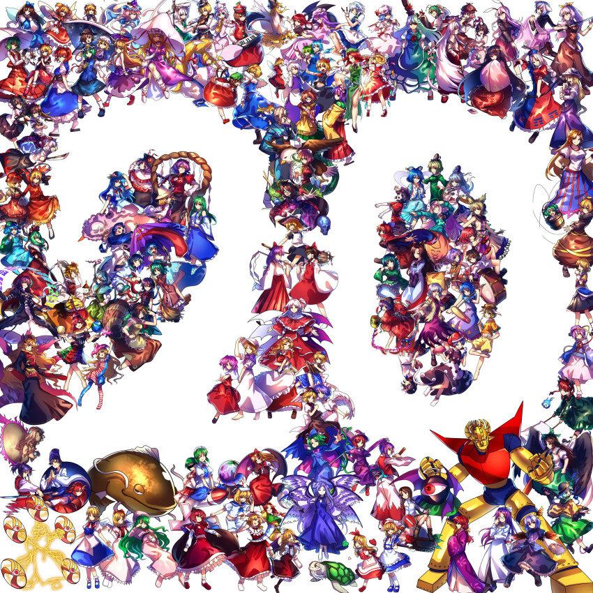 3boys 6+girls absolutely_everyone absurdres aki_minoriko aki_shizuha alice_margatroid angel_wings animal_ears anniversary antennae arm_cannon asakura_rikako asymmetrical_wings bat_wings black_hair blonde_hair blue_hair bow brown_hair cape capelet chen cirno clownpiece daiyousei doremy_sweet dowsing_rod dress dual_persona elis_(touhou) ellen_(touhou) elly_(touhou) everyone ex-keine fairy_wings flandre_scarlet fox_tail fujiwara_no_mokou futatsuiwa_mamizou gengetsu_(touhou) genjii_(touhou) gensou_ningyou_enbu ghost_tail gradient_hair green_hair hair_bow hakurei_reimu hat hata_no_kokoro hecatia_lapislazuli hieda_no_akyuu highres hijiri_byakuren himekaidou_hatate hinanawi_tenshi hisou_tensoku hong_meiling horikawa_raiko hoshiguma_yuugi houjuu_nue hourai_doll houraisan_kaguya ibaraki_kasen ibuki_suika imaizumi_kagerou inaba_mob_(touhou) inaba_tewi instrument inubashiri_momiji izayoi_sakuya japanese_clothes junko_(touhou) kaenbyou_rin kagiyama_hina kaku_seiga kamishirasawa_keine kana_anaberal kasodani_kyouko katana kawashiro_nitori kazami_yuuka keyboard_(instrument) kijin_seija kikuri_(touhou) kimono kirisame_marisa kishin_sagume kisume kitashirakawa_chiyuri koakuma kochiya_sanae komeiji_koishi komeiji_satori konngara_(touhou) konpaku_youmu konpaku_youmu_(ghost) kotohime_(touhou) kumoi_ichirin kurodani_yamame kurumi_(touhou) letty_whiterock lily_black lily_white long_hair louise_(touhou) luna_child lunasa_prismriver lyrica_prismriver mai_(touhou) maid maid_headdress maribel_hearn mask medicine_melancholy meira_(touhou) merlin_prismriver mermaid mima_(touhou) mimi-chan mini_person minigirl miyako_yoshika mizuhashi_parsee mob_cap mononobe_no_futo monster_girl morichika_rinnosuke moriya_suwako motoori_kosuzu mouth_mask mugetsu_(touhou) multicolored_hair multiple_boys multiple_girls multiple_tails murasa_minamitsu mystia_lorelei nagae_iku nazrin okazaki_yumemi onozuka_komachi orange_(touhou) parasol patchouli_knowledge pink_hair polearm ponytail purple_hair rabbit red_hair reisen reisen_udongein_inaba reiuji_utsuho remilia_scarlet rika_(touhou) ringo_(touhou) rocket rumia ruukoto saigyouji_yuyuko sara_(touhou) sariel_(touhou) scythe seiran_(touhou) sekibanki shameimaru_aya shanghai_doll shiki_eiki shingyoku_(male) shingyoku_(touhou) shinki_(touhou) shirt short_hair side_ponytail silver_hair skirt soga_no_tojiko star_sapphire su-san sukuna_shinmyoumaru sunny_milk sword sword_of_hisou tail tapir_tail tatara_kogasa to_heart to_heart_(series) tokiko_(touhou) toramaru_shou touhou touhou_(pc-98) toyosatomimi_no_miko trident trumpet tsukumo_benben tsukumo_yatsuhashi two_side_up u_u_zan umbrella unzan usami_renko usami_sumireko very_long_hair violin wakasagihime watatsuki_no_toyohime watatsuki_no_yorihime weapon wings witch_hat wolf_ears wolf_tail wriggle_nightbug yagokoro_eirin yakumo_ran yakumo_yukari yasaka_kanako yuki_(touhou) yumeko_(touhou) yuugenmagan