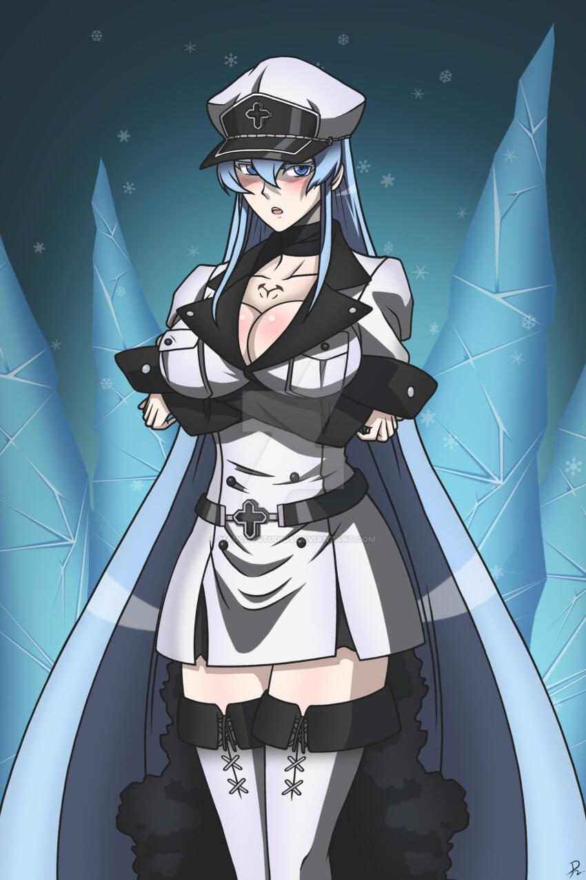 1girl absurdres akame_ga_kill! arms_under_breasts blue_eyes blue_hair breasts cleavage collarbone esdeath hat highres large_breasts long_hair madcatstudios matching_hair/eyes peaked_cap solo thighhighs