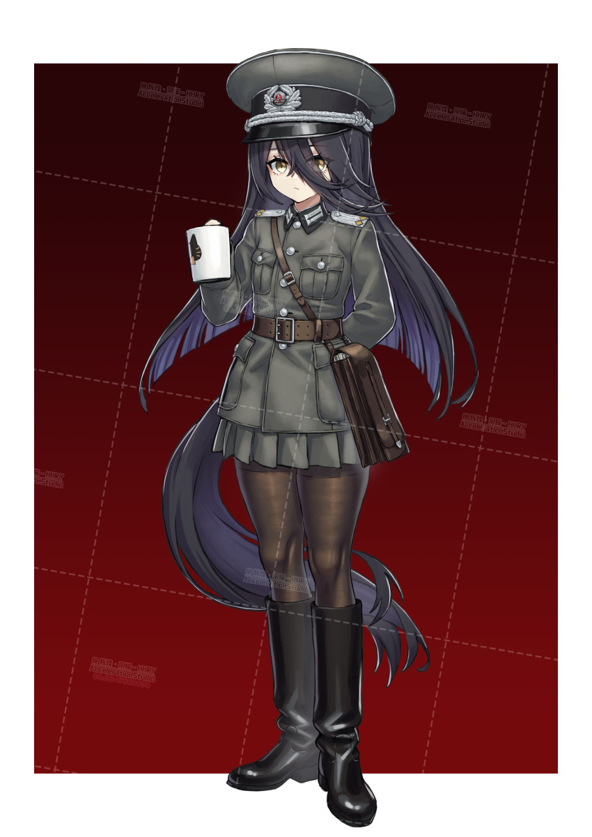 1girl :/ absurdres ahoge animal_ears arm_behind_back bag black_boots black_hair black_pantyhose boots breast_pocket brown_hair cat_ears cropped_jacket cup ear_tag earrings east_germany epaulettes eyes_visible_through_hair frown grey_hat grey_jacket grey_skirt hair_between_eyes hand_up hat highres holding holding_cup horse_girl horse_tail huihuang_rongyao jacket jewelry long_bangs long_hair long_hair_between_eyes long_sleeves manhattan_cafe_(umamusume) military_uniform mug multicolored_hair nationale_volksarmee pantyhose peaked_cap pleated_skirt pocket shoulder_bag single_earring skirt solo tail umamusume variant_set very_long_hair watermark white_hair yellow_eyes