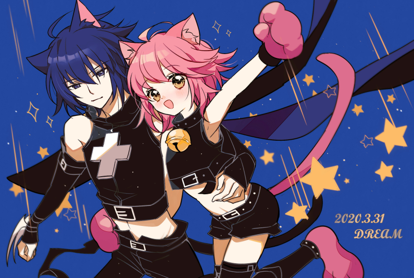 1boy 1girl 2020 ahoge alternate_costume animal_ears animal_hands artist_name black_collar black_lynx black_shirt black_shorts blue_background brown_eyes cat_boy cat_ears cat_girl cat_paws cat_tail collar crop_top dated dream_han hair_down hetero highres hinamori_amu looking_at_viewer pink_hair shirt shorts shugo_chara! star_(symbol) tail tsukiyomi_ikuto