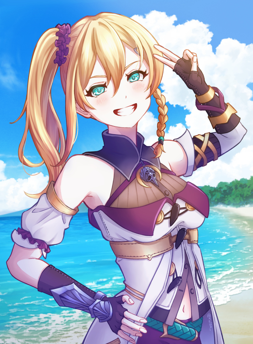 1girl aqua_eyes beach blonde_hair blue_sky braid breasts cloud commentary_request grin hair_between_eyes hair_ornament hair_scrunchie hand_on_own_hip highres karja_balta long_hair looking_at_viewer medium_breasts navel outdoors ruisa salute scrunchie side_ponytail single_braid sky smile solo standing teeth two-finger_salute water ys ys_x:_nordics
