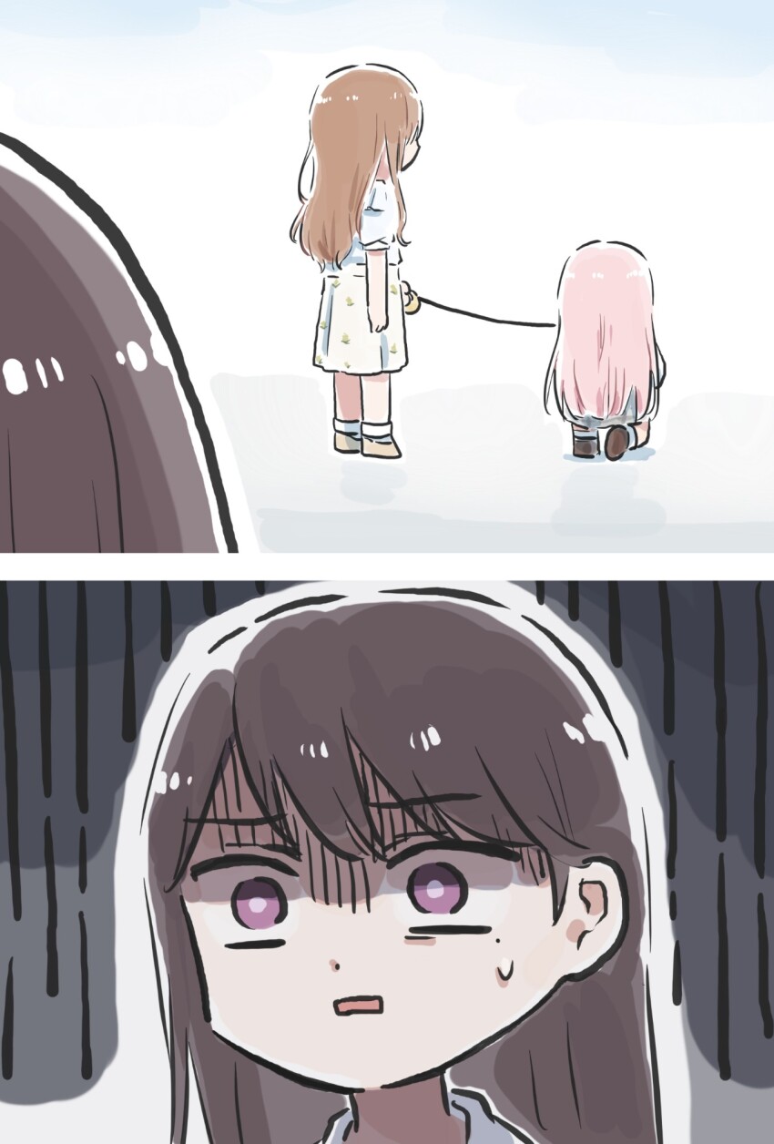 3girls bang_dream! bang_dream!_it&#039;s_mygo!!!!! black_hair brown_hair chihaya_anon commentary highres holding holding_leash kneeling leash long_hair lyy misunderstanding mole mole_under_eye multiple_girls nagasaki_soyo open_mouth pink_hair purple_eyes shiina_taki shirt sidelocks skirt sweatdrop symbol-only_commentary white_shirt white_skirt