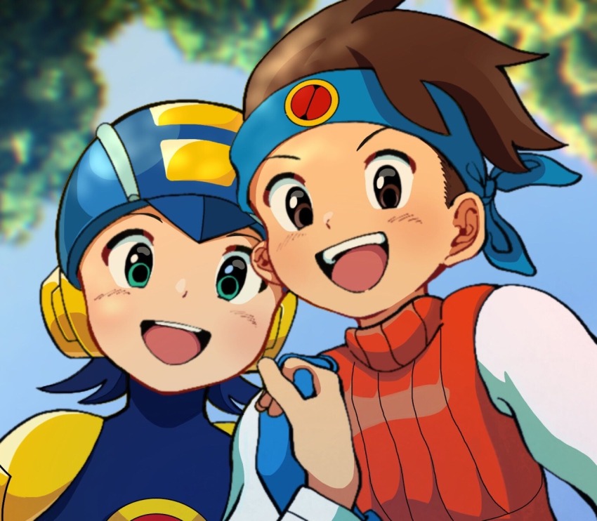 2boys bandana blue_bandana blue_bodysuit blurry blurry_background bodysuit brown_eyes brown_hair commentary english_commentary green_eyes holding_hands lan_hikari_(mega_man) looking_at_viewer male_focus mega_man_(series) mega_man_battle_network_(series) megaman.exe multiple_boys nanjima_command open_mouth short_hair upper_body