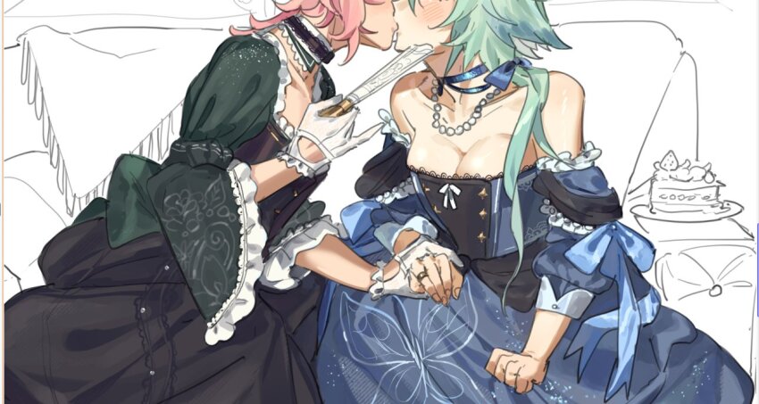bare_shoulders black_dress blue_choker blue_dress blush breasts cake cake_slice choker cleavage commentary dress emilie_(genshin_impact) english_commentary food genshin_impact gloves green_hair holding holding_food holding_hands jewelry kiss large_breasts long_hair necklace off-shoulder_dress off_shoulder pam0537 pink_hair ring sitting sucrose_(genshin_impact) white_gloves yuri