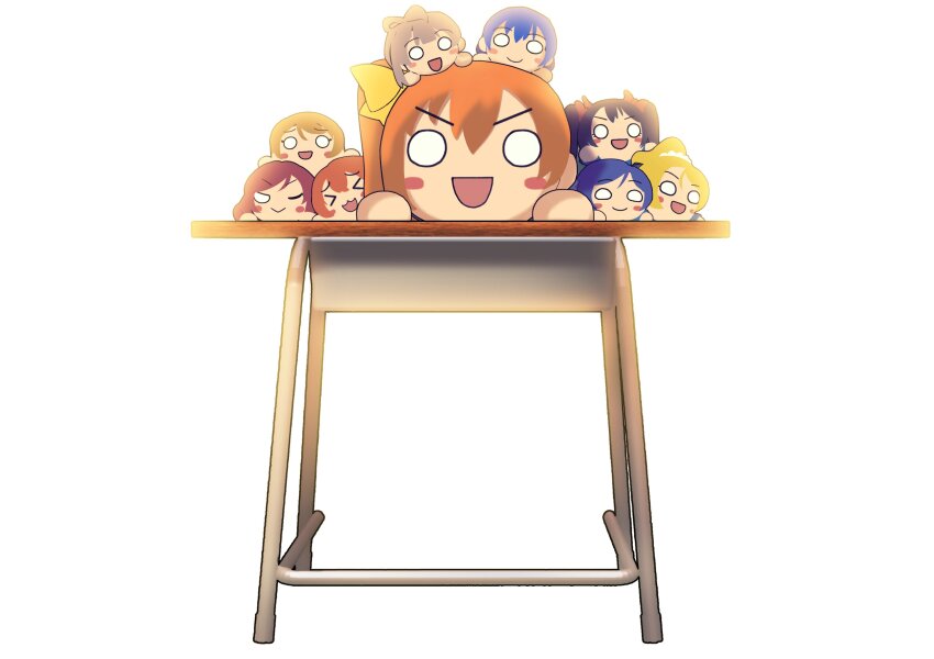 &gt;_&lt; :3 :d ;&gt; ;) absurdres ayase_eli black_hair blonde_hair blue_hair bow brown_hair character_doll commentary desk hair_bow hair_ornament hair_scrunchie high_ponytail highres hoshizora_rin koizumi_hanayo korean_commentary kosaka_honoka love_live! love_live!_school_idol_project minami_kotori nervous_smile nesoberi nishikino_maki no_humans on_head on_table one_eye_closed one_side_up open_mouth orange_hair ponytail purple_hair red_bow red_hair redame school_desk scrunchie simple_background smile sonoda_umi table tojo_nozomi twintails v-shaped_eyebrows white_background white_scrunchie wide_oval_eyes x3 xd yazawa_nico yellow_bow