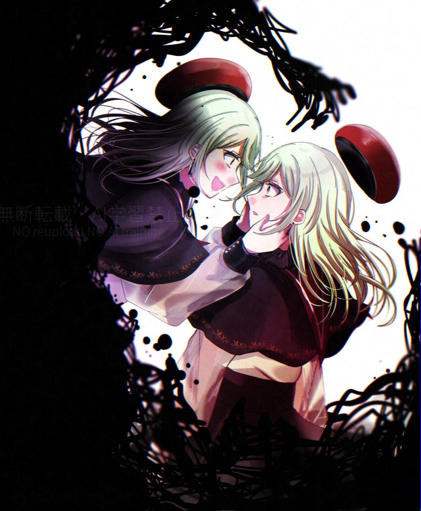 2girls asahi_rise bang_dream! bang_dream!_it&#039;s_mygo!!!!! beret black_capelet blush capelet commentary_request dual_persona eye_contact green_hair hands_on_another&#039;s_cheeks hands_on_another&#039;s_face hat highres long_hair long_sleeves looking_at_another mortis_(bang_dream!) mortis_(costume)_(bang_dream!) mortis_(persona)_(bang_dream!) multiple_girls open_mouth parted_lips red_hat shirt teeth upper_teeth_only wakaba_mutsumi white_shirt