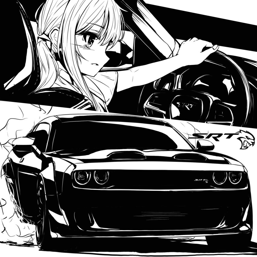 1girl bad_id bad_twitter_id burnout car dodge_(company) dodge_challenger dodge_challenger_(3rd_generation) greyscale hair_behind_ear highres monochrome motor_vehicle multiple_views nougat_(no_9ada) original parted_lips shadow smoke steering_wheel twintails vehicle_focus vehicle_interior