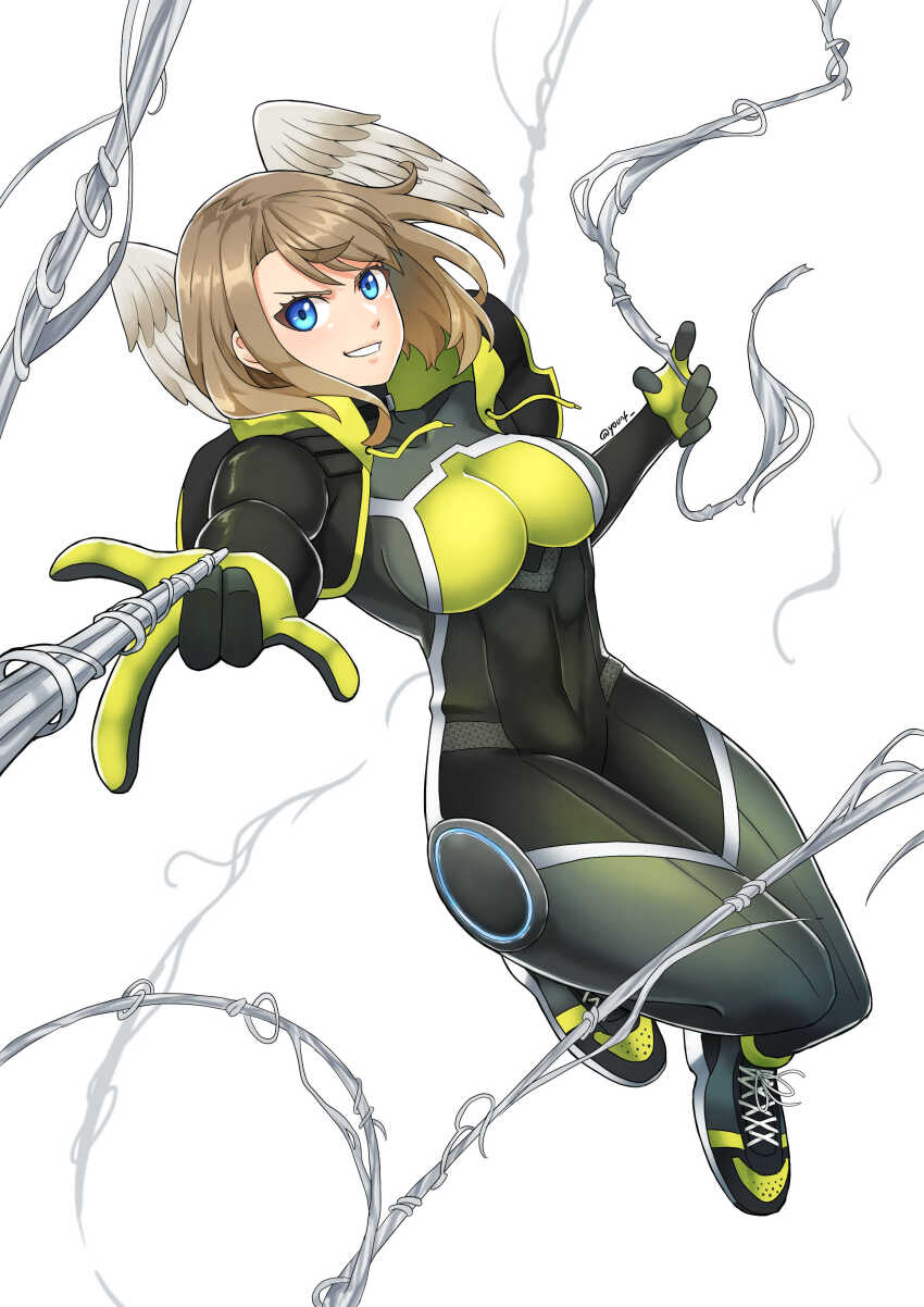 1girl absurdres black_bodysuit black_choker black_footwear black_jacket blue_eyes bodysuit breasts brown_hair choker cosplay covered_navel dynamic_pose eunie_(xenoblade) green_hoodie grin head_wings highres hood hoodie jacket large_breasts leather leather_jacket looking_at_viewer marvel medium_hair open_clothes open_jacket signature silk smile solo spider-man spider-man_(cosplay) spider-man_(series) swinging white_background white_wings wings xenoblade_chronicles_(series) xenoblade_chronicles_3 you_nf