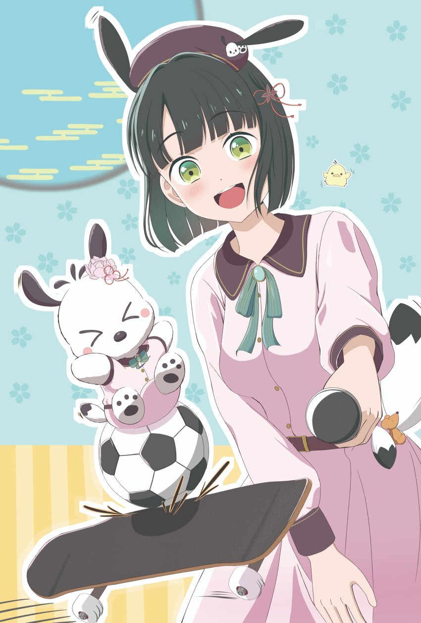 &gt;_&lt; 1girl :d absurdres ball black_hair blue_background blunt_bangs blunt_ends blush breasts commentary dream_believers egasumi flower flower_knot green_eyes hair_flower hair_ornament highres holding holding_microphone link!_like!_love_live! love_live! medium_breasts microphone momose_ginko morio_(mmorio_mu) official_alternate_costume open_mouth outline pochacco sanrio short_hair skateboard smile soccer_ball virtual_youtuber white_outline
