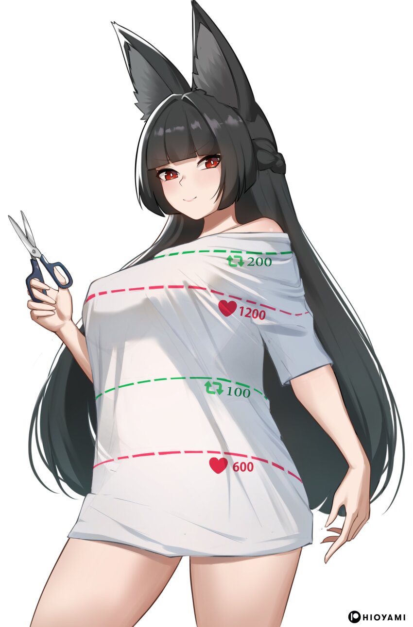 absurdres animal_ears black_hair braid breasts fox_ears fox_girl highres hioyami hoshimi_miyabi long_hair mihoyo patreon_username red_eyes scissors shirt smile twitter_cutting_game twitter_strip_game white_background white_shirt zenless_zone_zero