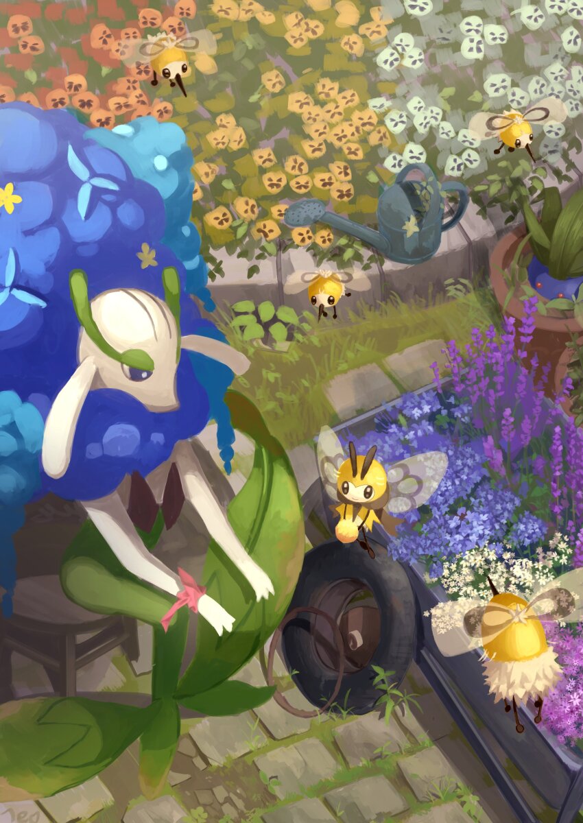 absurdres commentary_request cutiefly day florges flower from_above gen_1_pokemon gen_6_pokemon gen_7_pokemon grass highres holding king_joe_(neoroto) looking_down nintendo no_humans oddish outdoors pink_ribbon pokemon pokemon_(creature) ribbon ribombee sitting stool unused_tire watering_can