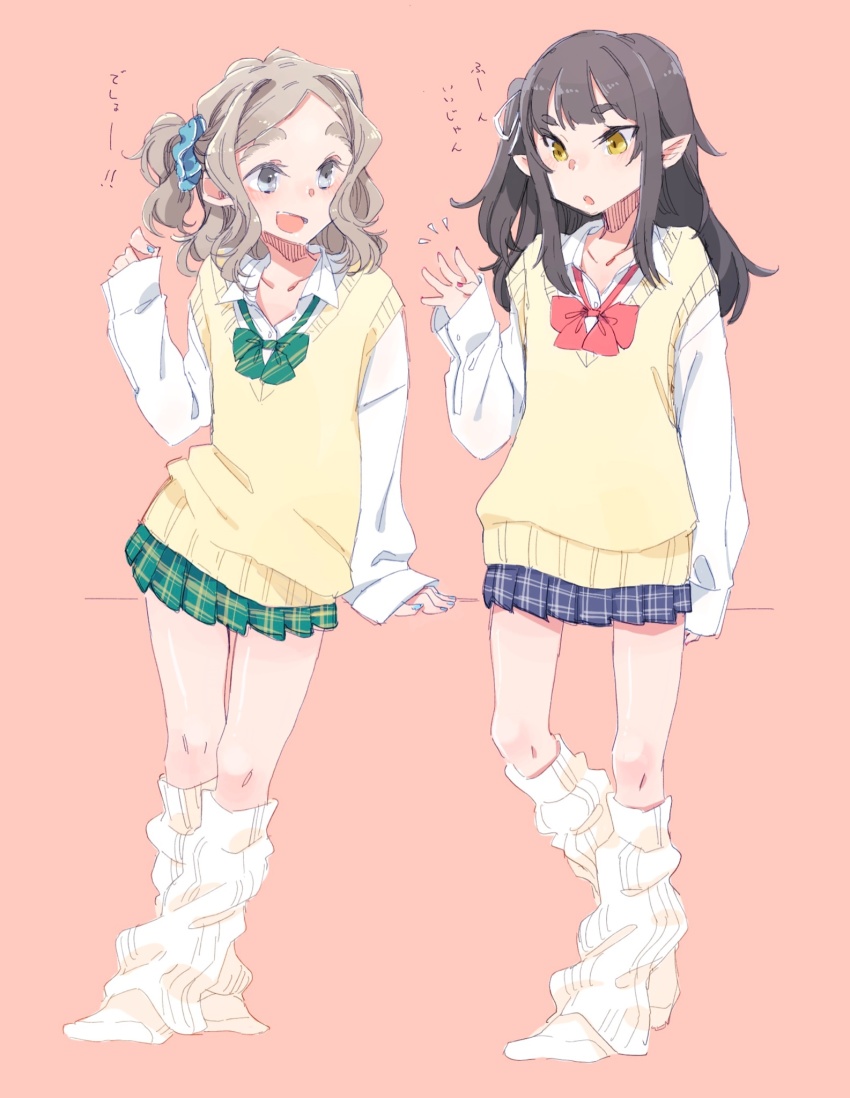 2girls akari_(raigou) blue_eyes blue_hair blue_nails borrowed_character bow bowtie brown_eyes chibikko_(morihito) female_focus full_body green_bow green_bowtie grey_hair hair_intakes highres long_sleeves loose_socks morihito multiple_girls nail_polish one_side_up original pink_background pink_nails plaid_clothes plaid_skirt pleated_skirt pointy_ears red_bow red_bowtie scrunchie simple_background skirt sleeves_past_wrists socks standing sweater_vest thick_eyebrows