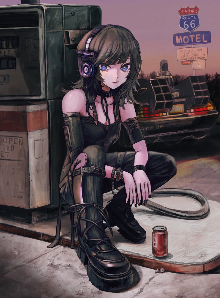 1girl absurdres bare_shoulders belt black_belt black_boots black_collar black_hair black_nails black_pants blue_eyes blunt_bangs boots bracelet breasts bright_pupils can car cleavage closed_mouth collar collarbone commentary delorean detached_sleeves drink_can english_commentary english_text full_body gas_station gradient_sky headphones highres jewelry lips looking_at_viewer lui_n24 medium_hair mole mole_under_eye motor_vehicle multiple_bracelets original own_hands_together pants road_sign sign sky small_breasts soda_can solo squatting thigh_strap twilight white_pupils