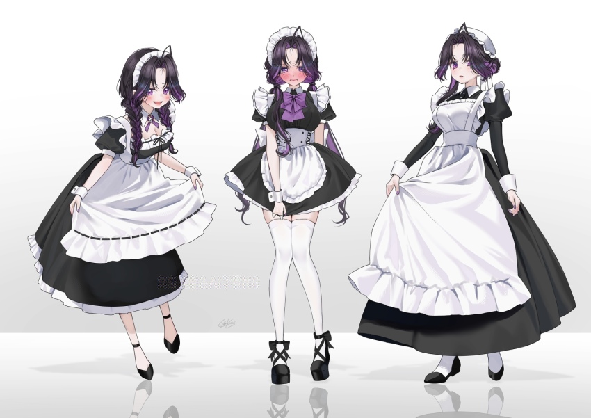 1girl ahoge apron averting_eyes black_dress black_hair black_shoes blush breasts cleavage closed_mouth curtsey dress embarrassed full-face_blush full_body gradient_background grey_background hair_intakes hat juliet_sleeves large_breasts leaning_forward lipstick long_hair long_sleeves looking_at_viewer maid maid_apron maid_headdress makeup mob_cap mole mole_on_breast multicolored_hair multiple_views open_mouth original platform_shoes puffy_sleeves purple_eyes purple_hair reflective_floor shoes signature smile standing standing_on_one_leg thighhighs two-tone_hair victorian_maid waist_apron white_apron white_hat white_headdress white_thighhighs white_wrist_cuffs wrist_cuffs yuuyu_(moco20111115)