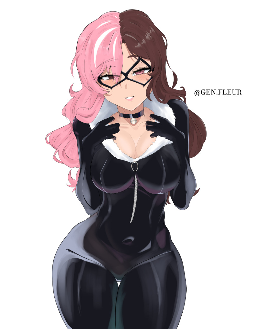 1girl absurdres artist_name bell black_bodysuit black_cat_(marvel) black_cat_(marvel)_(cosplay) black_choker blush bodysuit breasts brown_eyes brown_hair choker cleavage collarbone cosplay covered_navel cowboy_shot eye_mask eyebrows eyelashes female_focus fur-trimmed_bodysuit fur_trim gen.fleur hands_on_own_chest heterochromia highres jingle_bell large_breasts latex latex_bodysuit long_hair looking_at_viewer made_in_2024 marvel mask multicolored_hair naughty_face neck_bell neopolitan_(rwby) pink_eyes pink_hair rwby simple_background solo split-color_hair standing thick_thighs thigh_gap thighs two-tone_bodysuit two-tone_hair variant_set white_background white_bodysuit