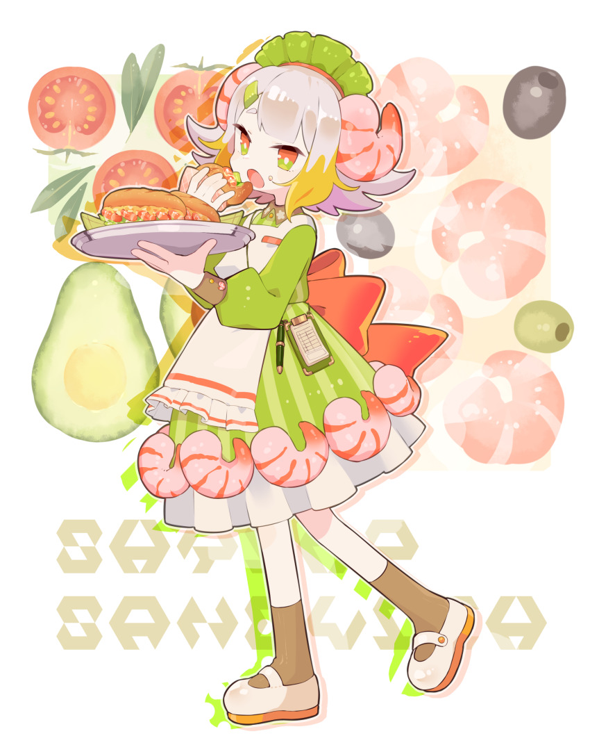 1girl :o absurdres apron avocado back_bow blonde_hair bow brown_socks clipboard commentary_request dress eating food full_body green_dress hands_up highres holding holding_food holding_tray long_sleeves maid_headdress multicolored_hair olive open_mouth original outline pen red_bow red_eyes shoes short_hair shrimp shrimp_hair_ornament socks solo sorata123 standing standing_on_one_leg streaked_hair tomato tray white_apron white_background white_outline white_shoes